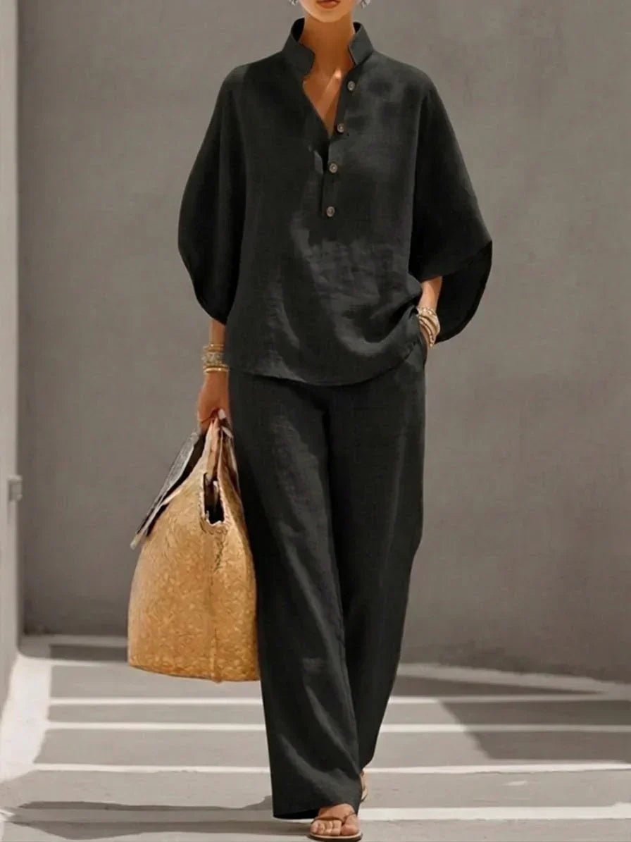 Maribel™ | Completo in Lino con Maniche a Pipistrello e Pantaloni Larghi