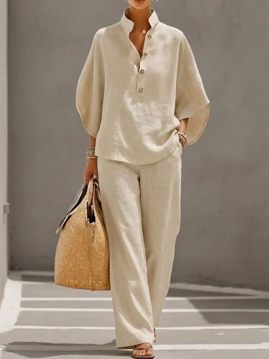 Maribel™ | Completo in Lino con Maniche a Pipistrello e Pantaloni Larghi