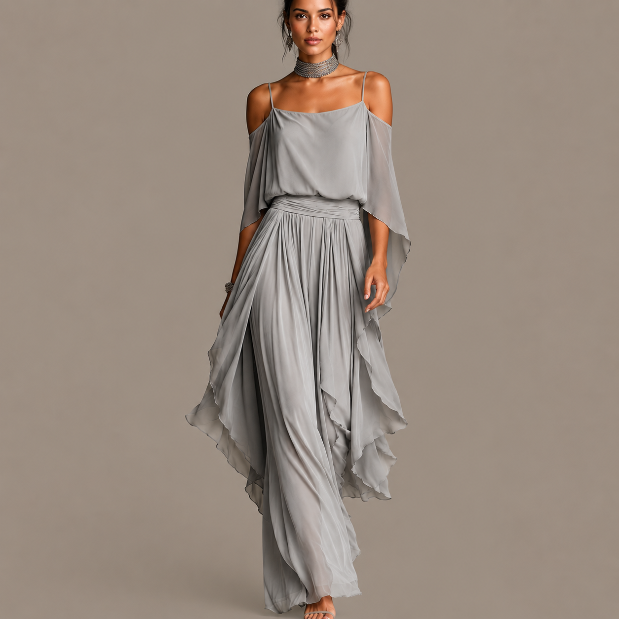 Isabela | Completo fluido grigio con top a spalline e pantaloni leggeri