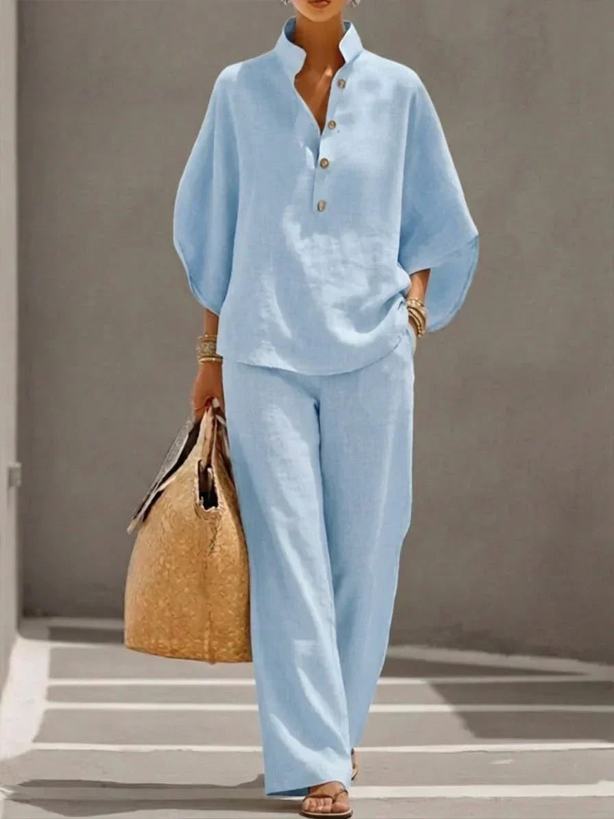 Maribel™ | Completo in Lino con Maniche a Pipistrello e Pantaloni Larghi